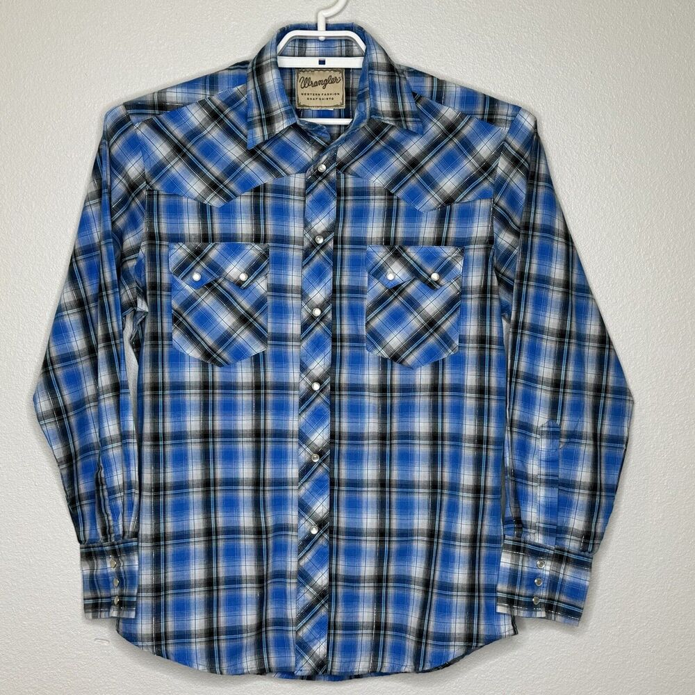 Wrangler Mens Shirt Medium? L/S Blues Plaid Pearl Snap Western Button Down
